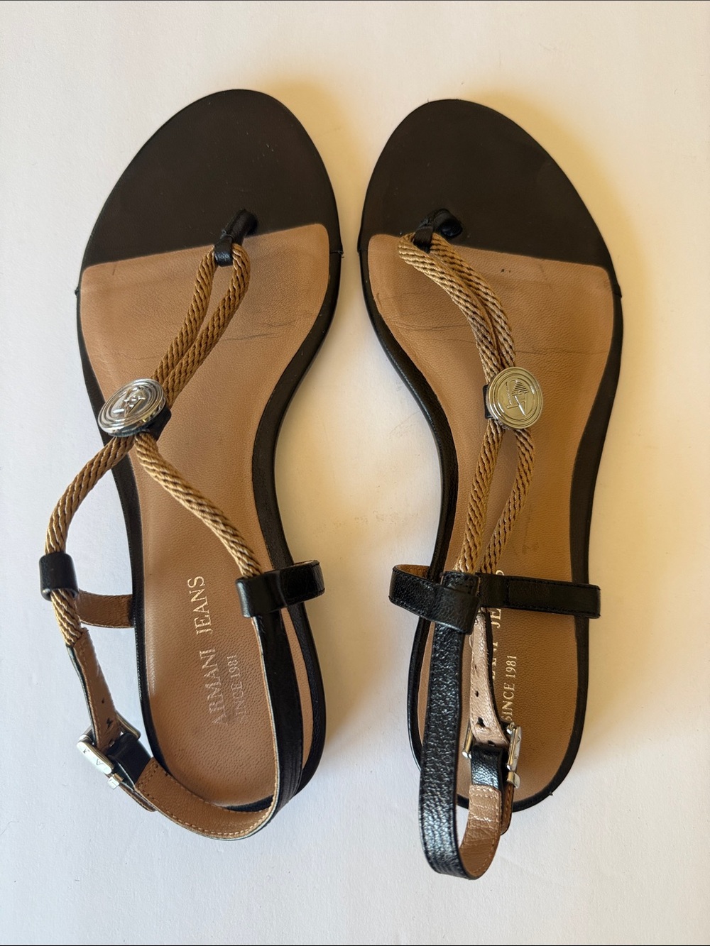 Armani Jeans Black and Tan Rope-Detail T-Strap Sandals sz 38